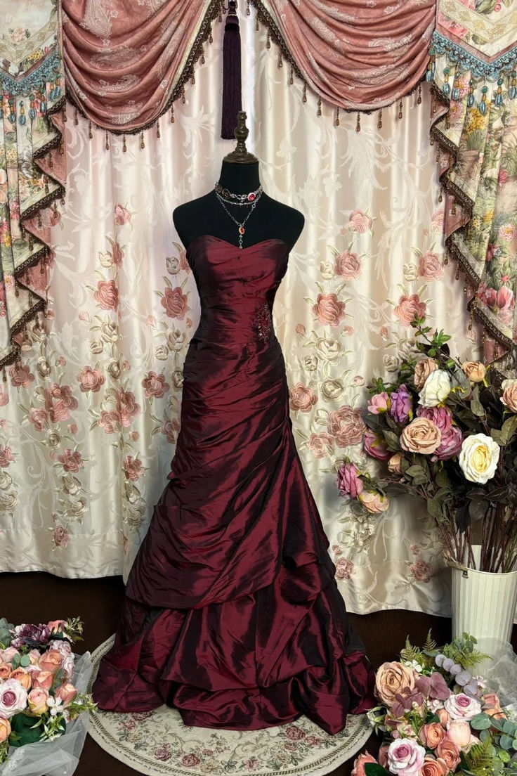 Burgunderrotes, elegantes, langes Satin-Prinzessinnen-Bodenlang-Ballkleid, Abendkleid, Partykleid, NV3629