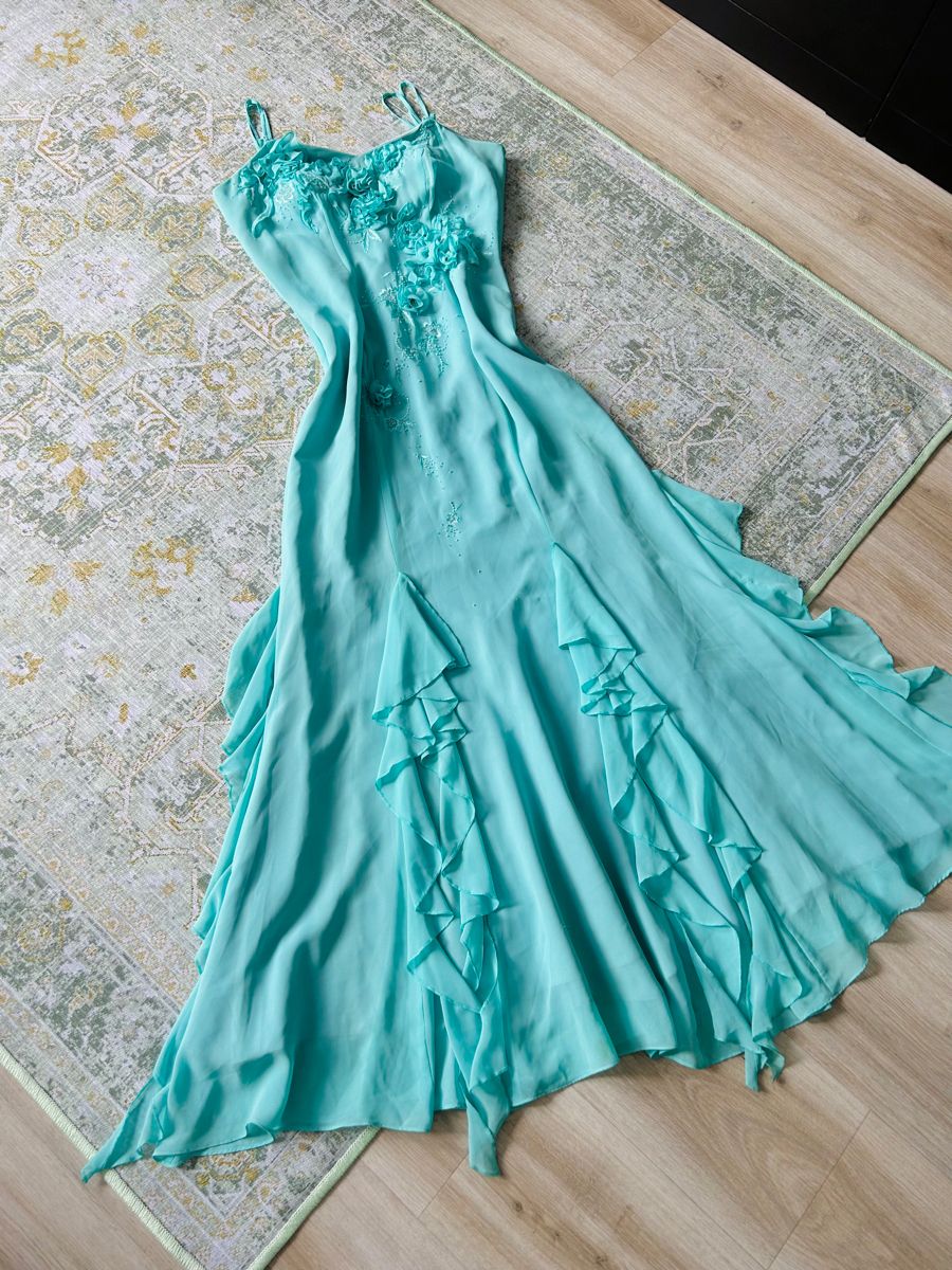 NiceVestidos--Blue exquisite beaded floral chiffon spaghetti strap long prom dress fairy dress NV5706