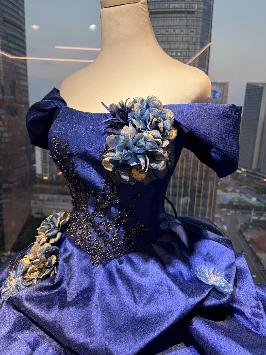 Royal Blue Off Shoulder Princess Ball Gown Puff Sleeve Beaded Embroidery 3D Flower Ruffled Satin Tulle Long Evening Gown NV6999