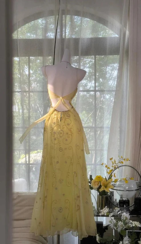 Yellow gorgeous beaded spaghetti strap A-line chiffon long ball gown evening dress party dress nv4229