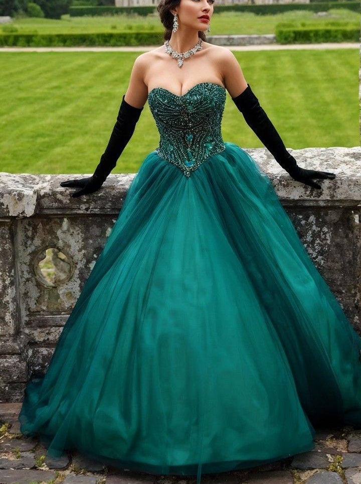 Robe de bal NiceVestidos - Vert émeraude, en tulle, sans bretelles, ornée de perles, avec traîne au sol NV6168