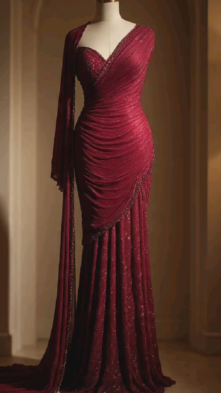 NiceVestidos-Burgundy Sequin Chiffon One-Shoulder Long Sleeve Floor-Length Train Mermaid Gown NV6162