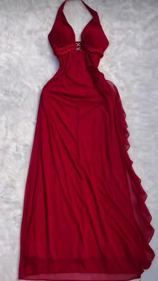 NiceVestidos--Red suspender long ruffled chiffon prom dress fairy dress NV5702