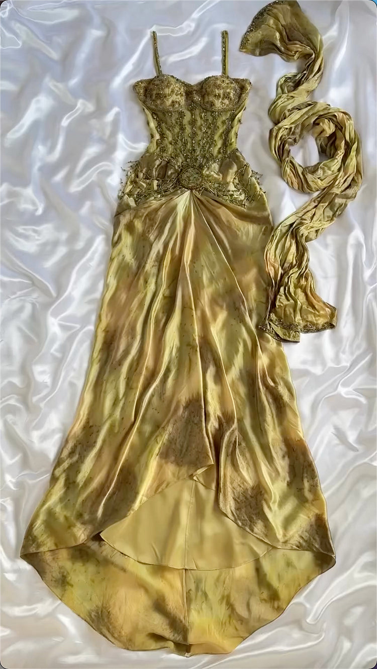 Gold Gorgeous Exquisite Beading Spaghetti Strap Long Chiffon Ball Gown Evening Gown Party Dress nv3541