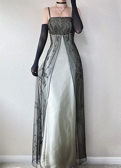Silver-Gray Satin Black Tulle Beaded Spaghetti-Strap Floor-Length Retro Gown NV6228
