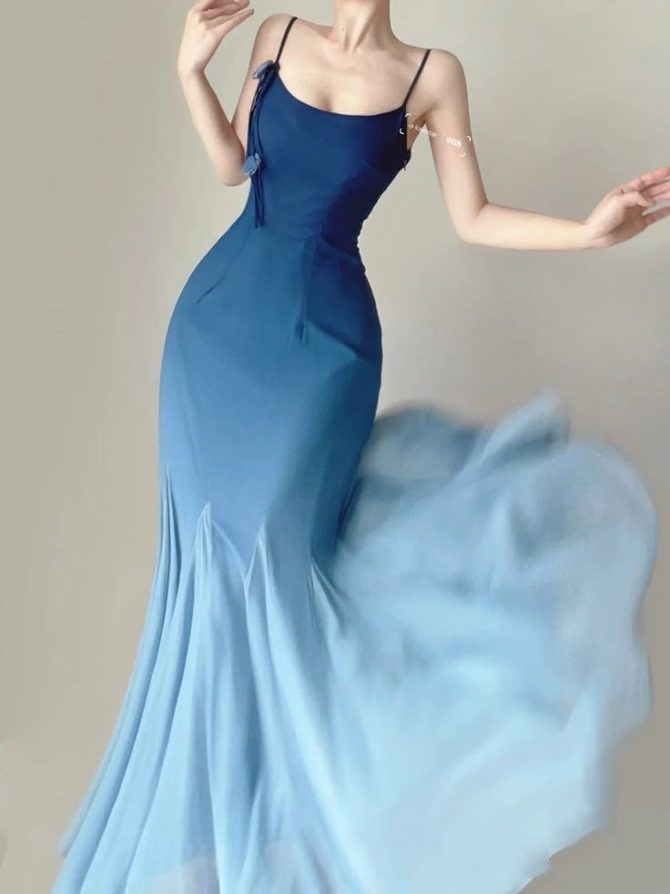 Blue fashion gradient sweet spaghetti strap long satin chiffon tulle ball gown evening gown party dress prom dress nv3896