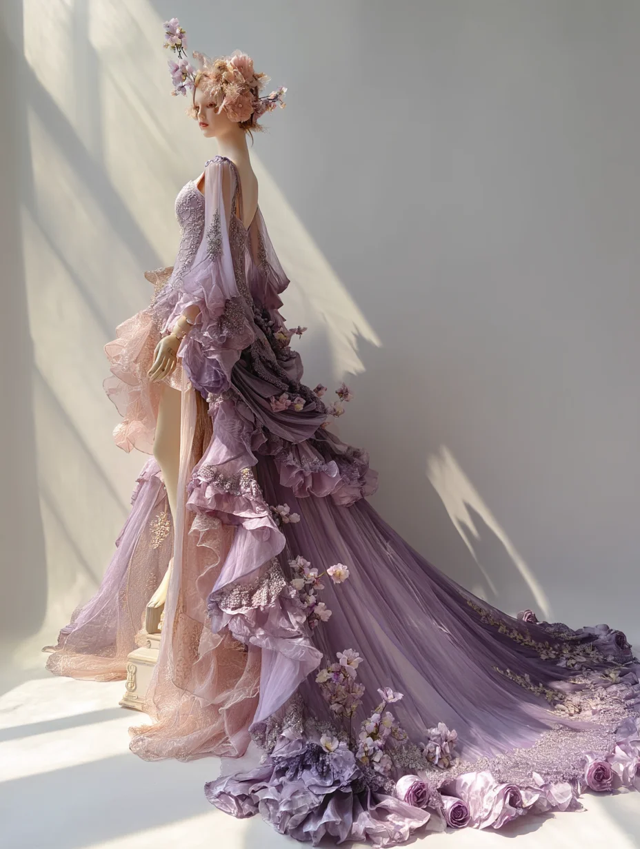 Ombre Lavender Blush Fairy Tulle Gown with Open Back and 3D Floral Appliqué NV7504