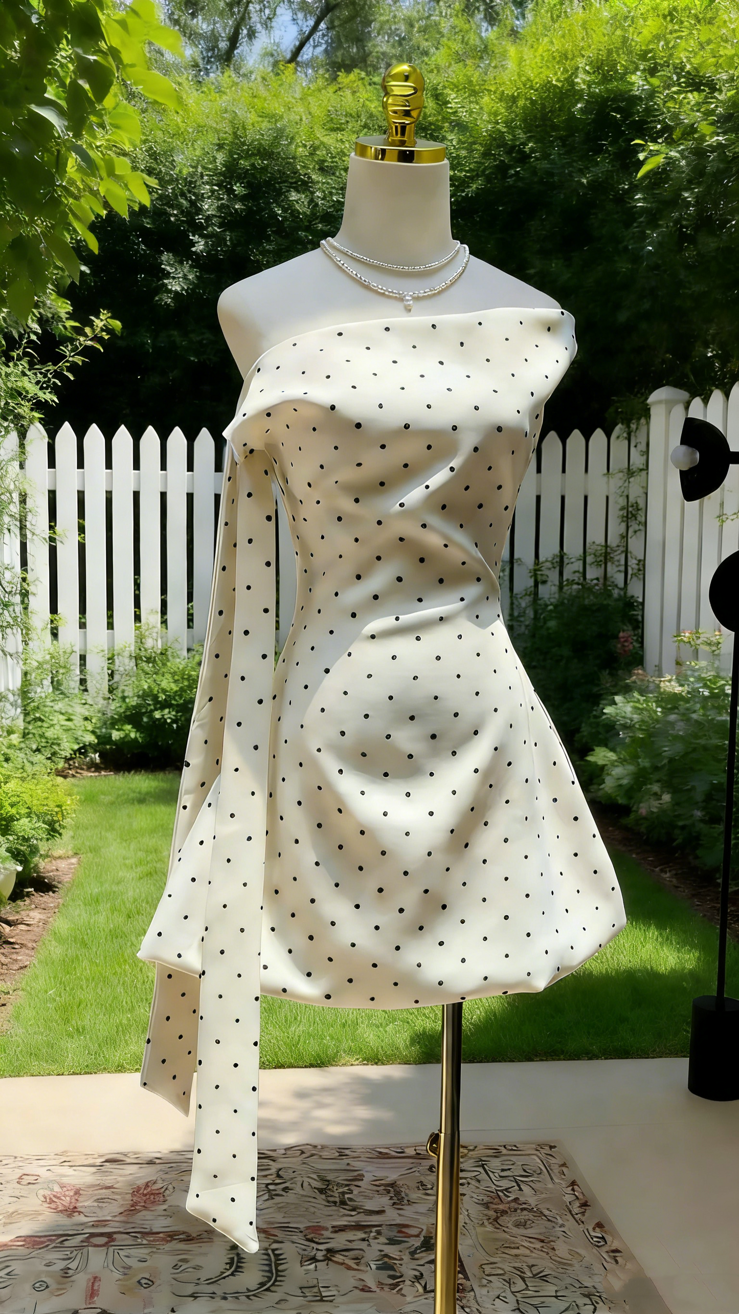 White-Black Polka Dot One-Shoulder Gown - Sash Slim Party/Date/Light Evening Mini Dress NV6808