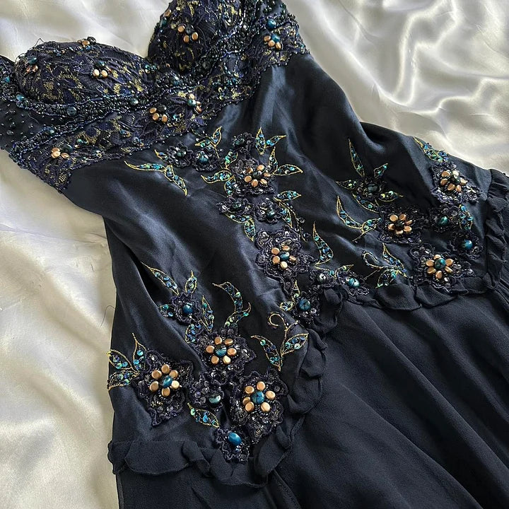 Navy Dark Fairy Vintage Short Satin Homecoming Dress nv5352