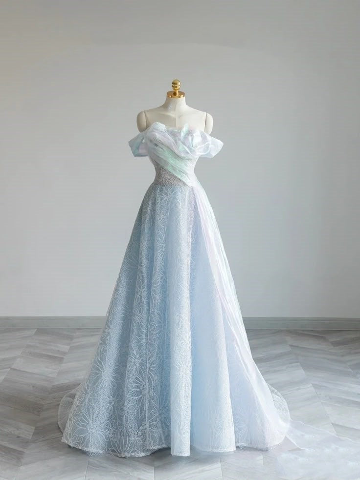 Light blue elegant sweet shiny exquisite lace long tulle ball gown evening dress Graduation dress adult dress nv3779