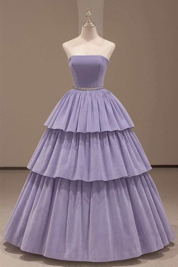 Light Purple Tiered Bandeau Ball Gown: Sequin Waist Trim, Fitted Waist, Evening Sweet Maxi Dress NV6431