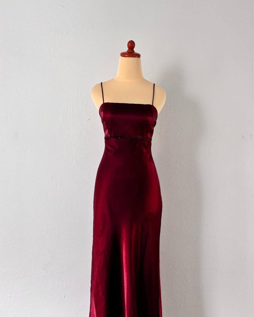 NiceVestidos--Burgundy Retro Long Satin Prom Dress Homecoming Dress Fairy Dress Nv5589