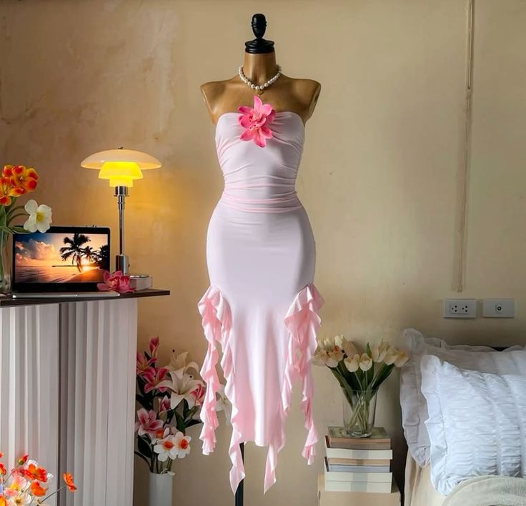 Rosa Mode Süße Floral Tube Top Lange Chiffon Rüschen Slim Fit Ballkleid Abendkleid Partykleid nv3658