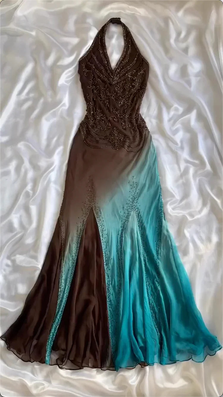 NiceVestidos--Mint chocolate blue and brown exquisite beaded suspenders long chiffon fashion gradient prom dress NV5675