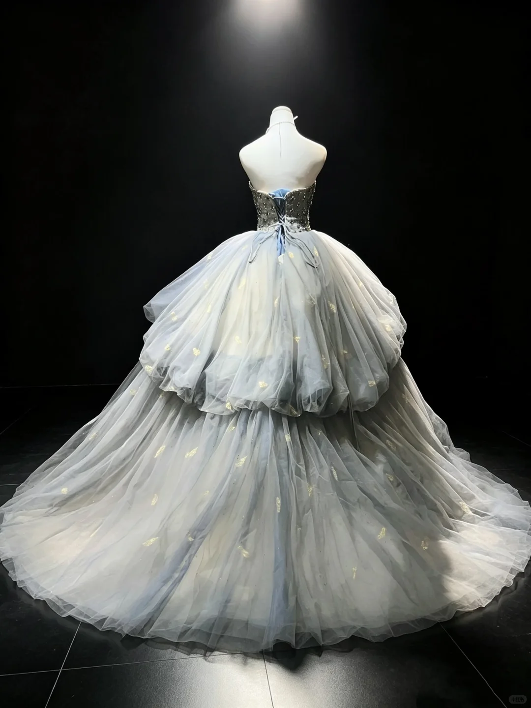 Strapless Dusty Blue Princess Ball Gown Beaded Rhinestone Tiered Bubble Tulle Gold Butterfly Prom Dress NV6977