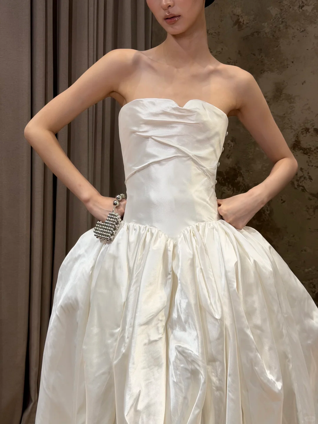 Ivory Strapless Twisted Draped Satin A-Line Wedding Gown NV7194