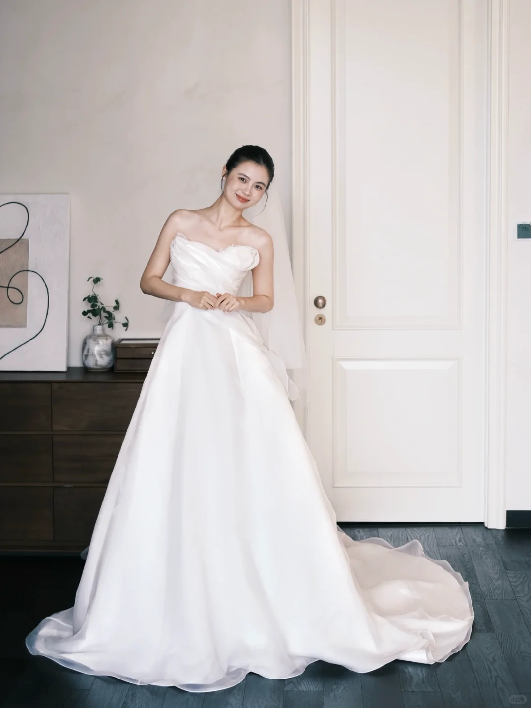 Strapless Ivory Organza Bridal Gown, Ruffle Draped A-line Wedding Dress with Long Train NV7390