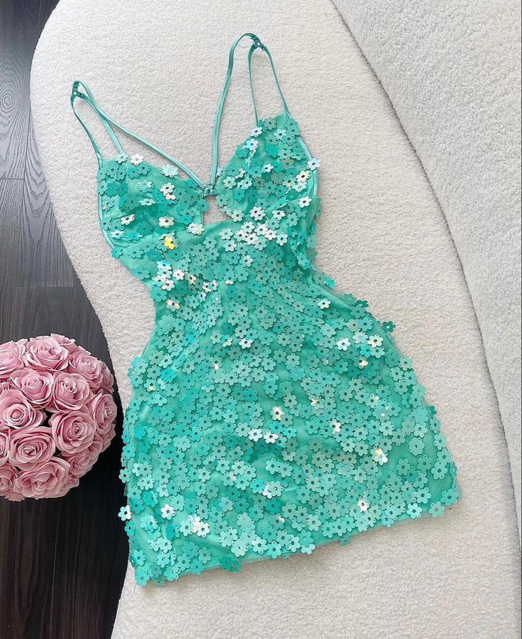 Green Sparkling Floral Sequin Short Mini Homecoming Dress Fairy Gown nv5195