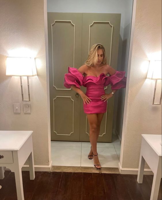 Pink Fashion Elegant Ruffle Off Shoulder Short Mini Evening Dress Prom Dress Party Dress Homecoming Dress nv2477