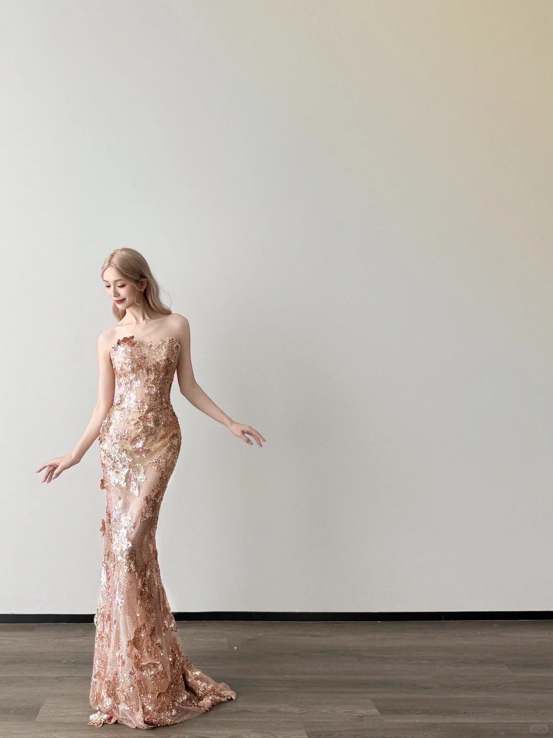 Strapless Champagne Gold Mermaid Prom Dress 3D Floral Sequin Gown NV7120