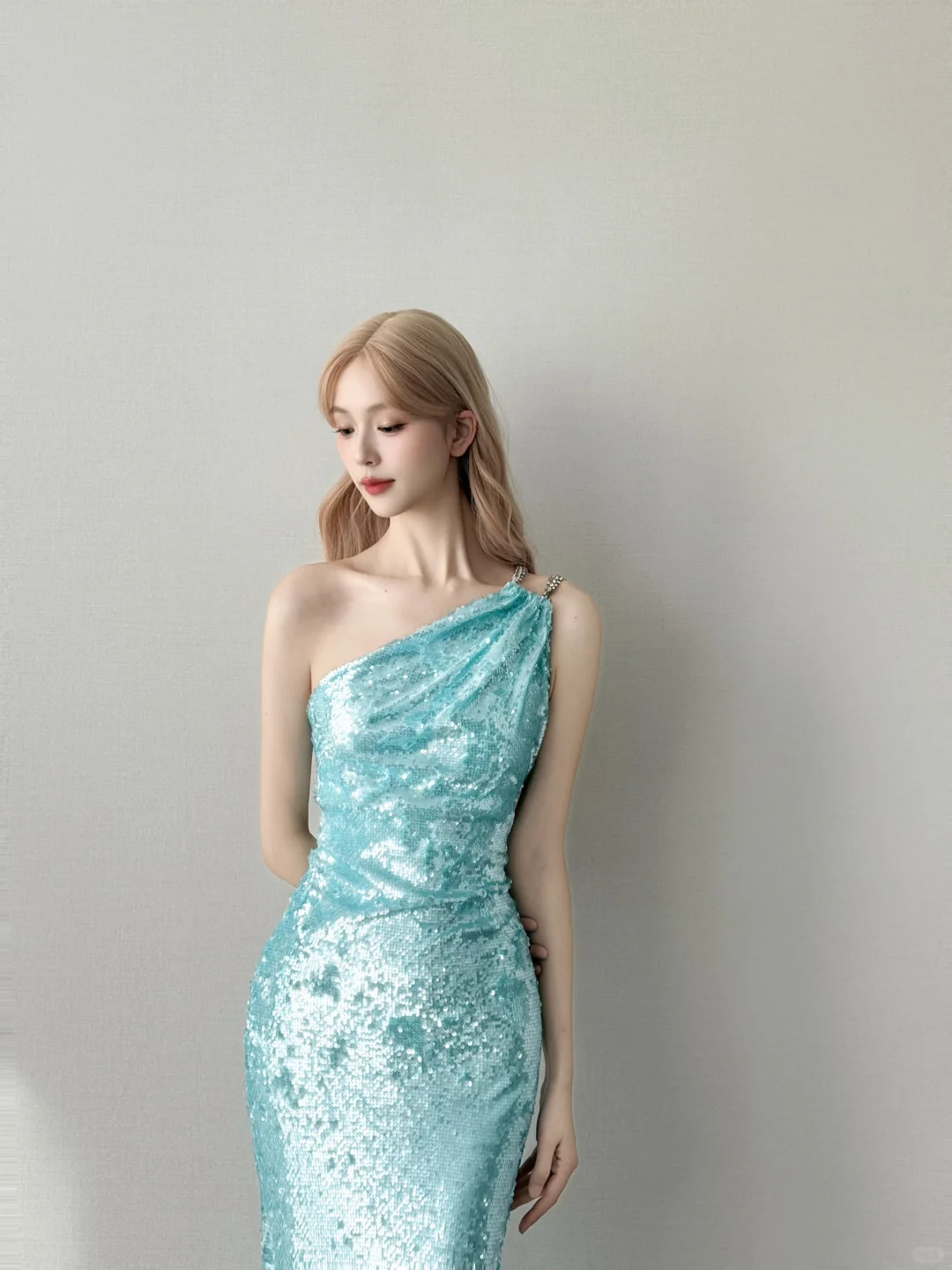 Light Lake Blue One Shoulder Prom Gown Full Sequin Ruched Mermaid Long Evening Dress NV7155