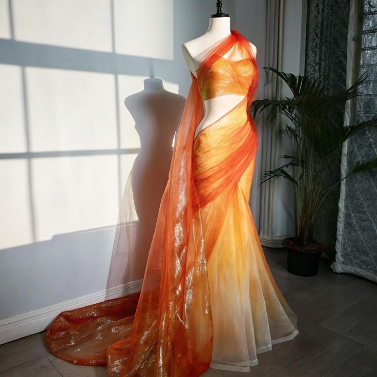 Orange long tulle evening gown, fairy dress NV6678