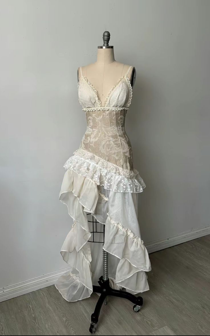 Off-White Lace V-Neck Asymmetrical Ruffle Gown NV6249