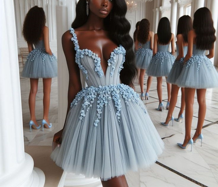 Robe de soirée courte en tulle bleu délicat avec appliques florales, robe de soirée d'anniversaire nv5066