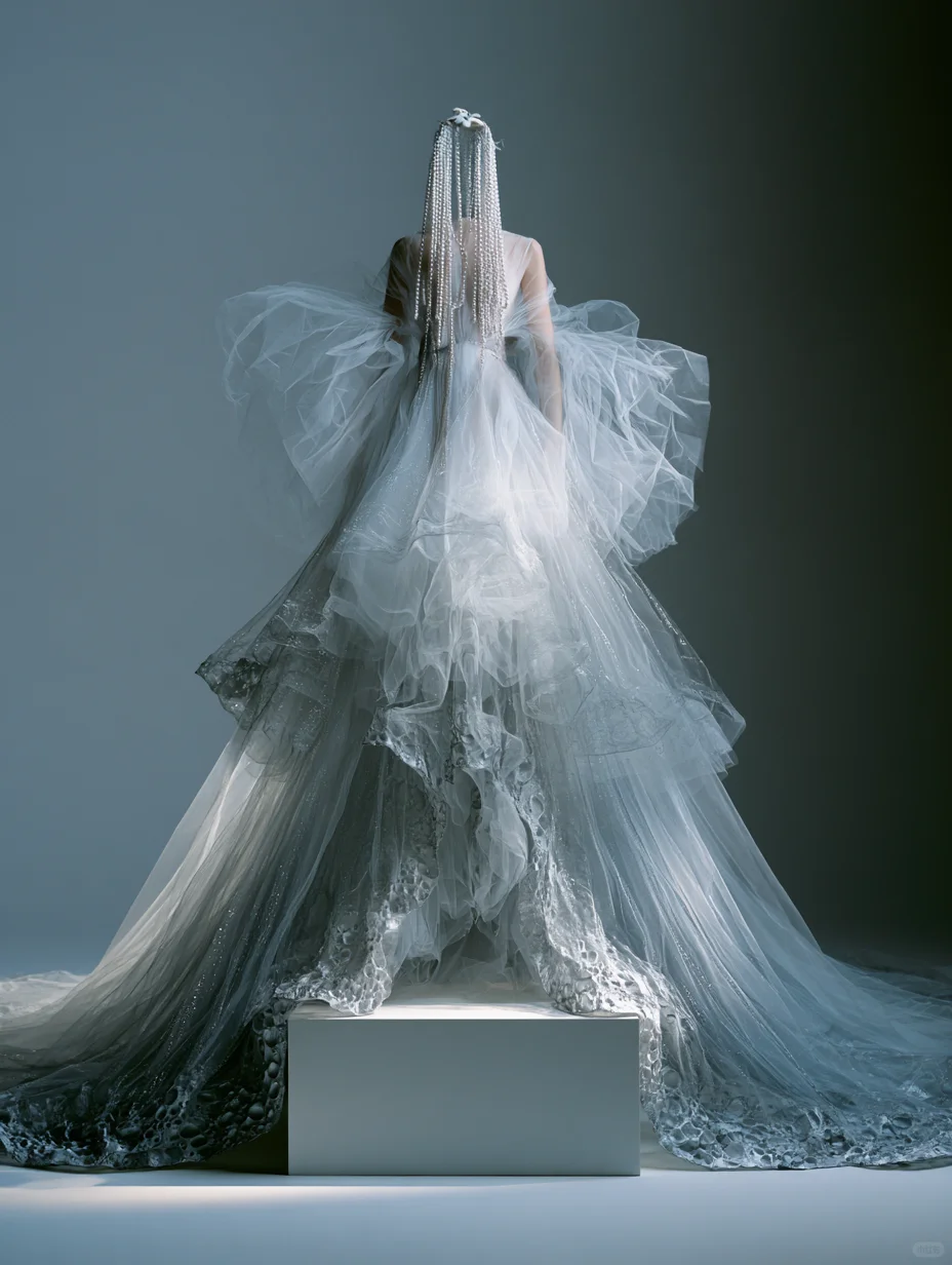 Ombre Gray Layered Tulle Wedding Gown with Oversized Bow and Bubble Lace Train NV7483