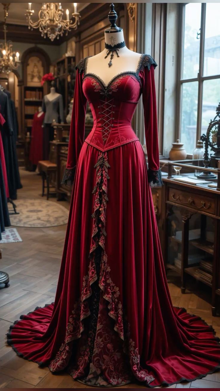 NiceVestidos-Burgundy Velvet Lace-Paneled Long-Sleeve Floor-Length Gothic Gown NV6190