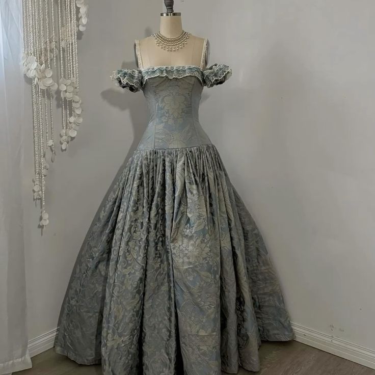 Mist Blue Brocade Off-Shoulder Fitted Ball Gown NV6242