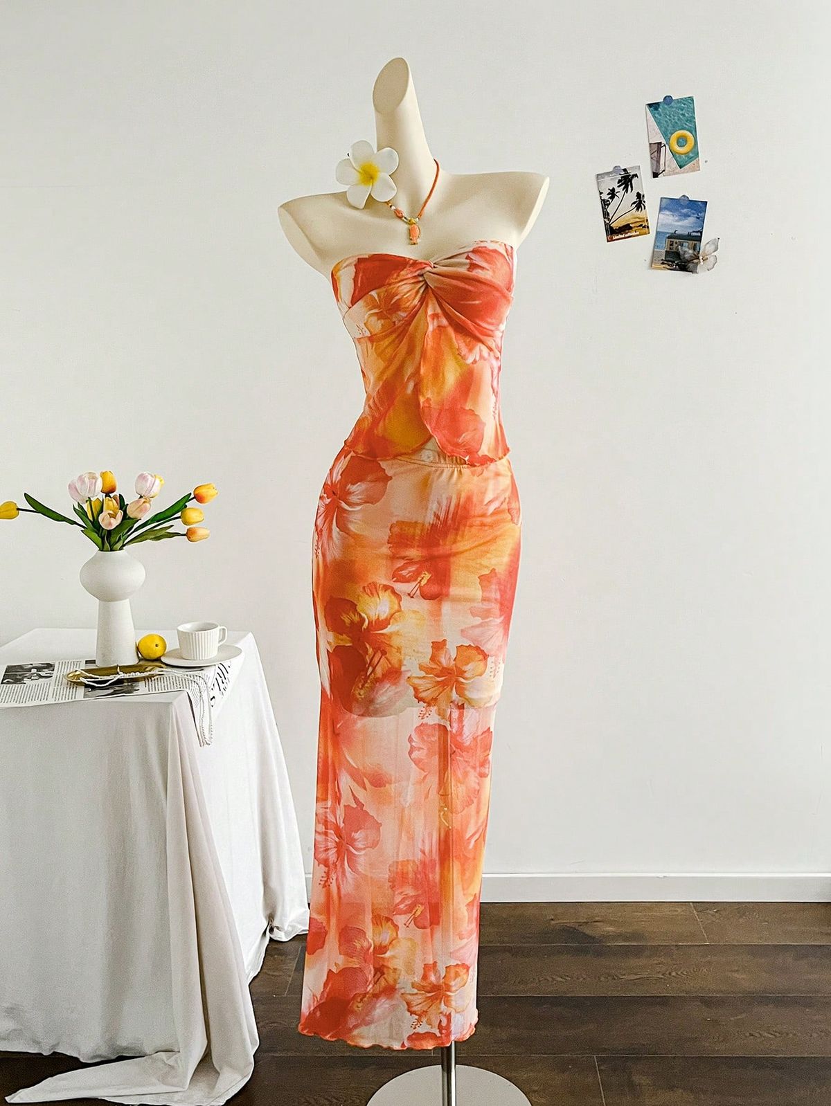 NiceVestidos – Langes, orangefarbenes Chiffon-Partykleid mit Blumenmuster NV5964