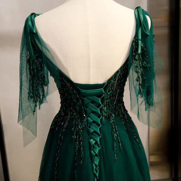 Robe de soirée longue en tulle et dentelle à épaules dénudées, coupe A, vert foncé, nv1648