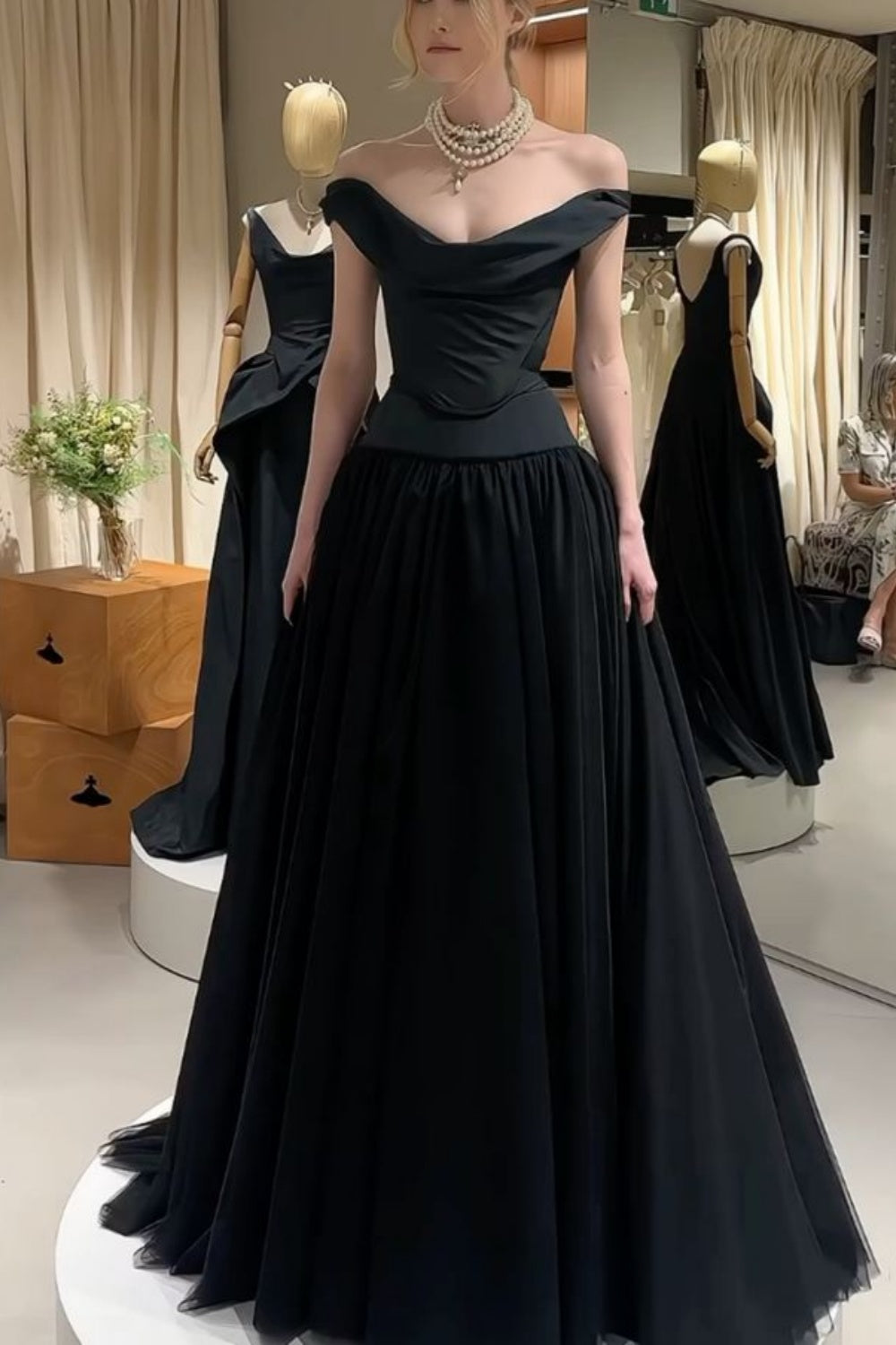 Off-Shoulder Black Satin Ball Gown NV6313