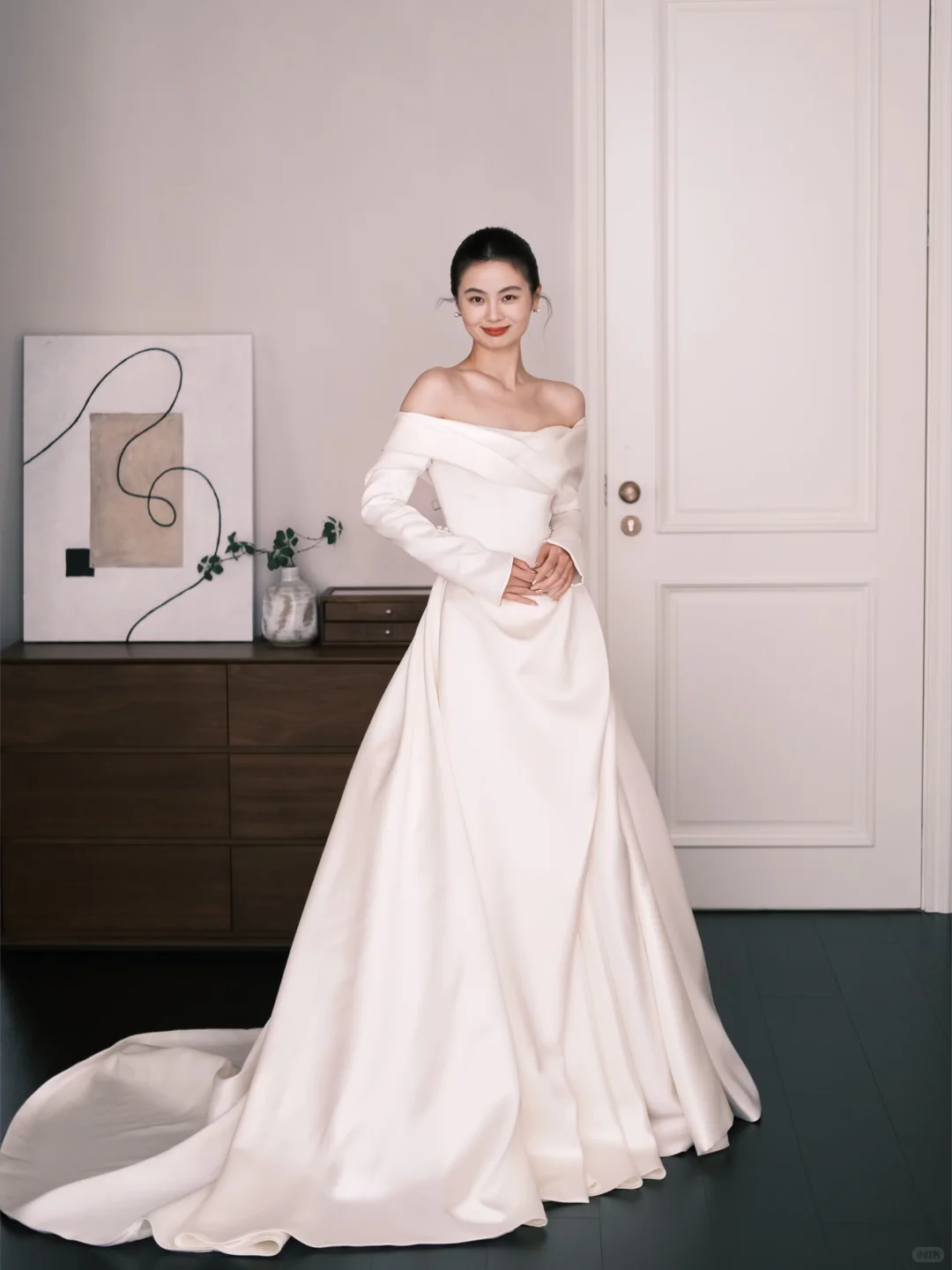 White Off The Shoulder Long Sleeve Satin Wedding Dress NV7231