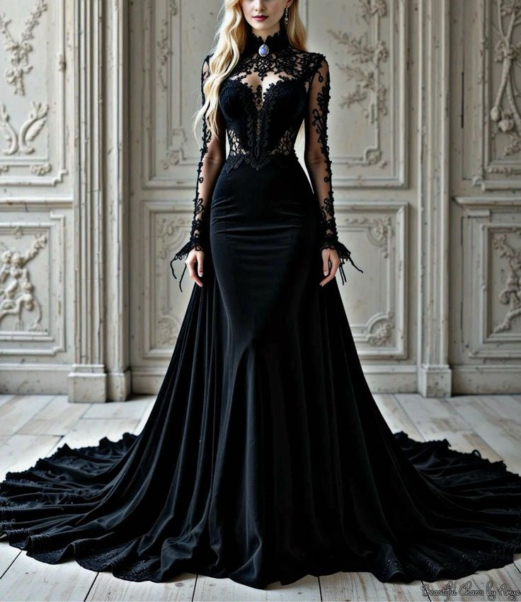 Dark Court Style Velvet & Lace High-Neck Long-Sleeve Mermaid Train Gown - Gothic Series Dress for Dinner, Ball & Engagement Ceremony NV6326