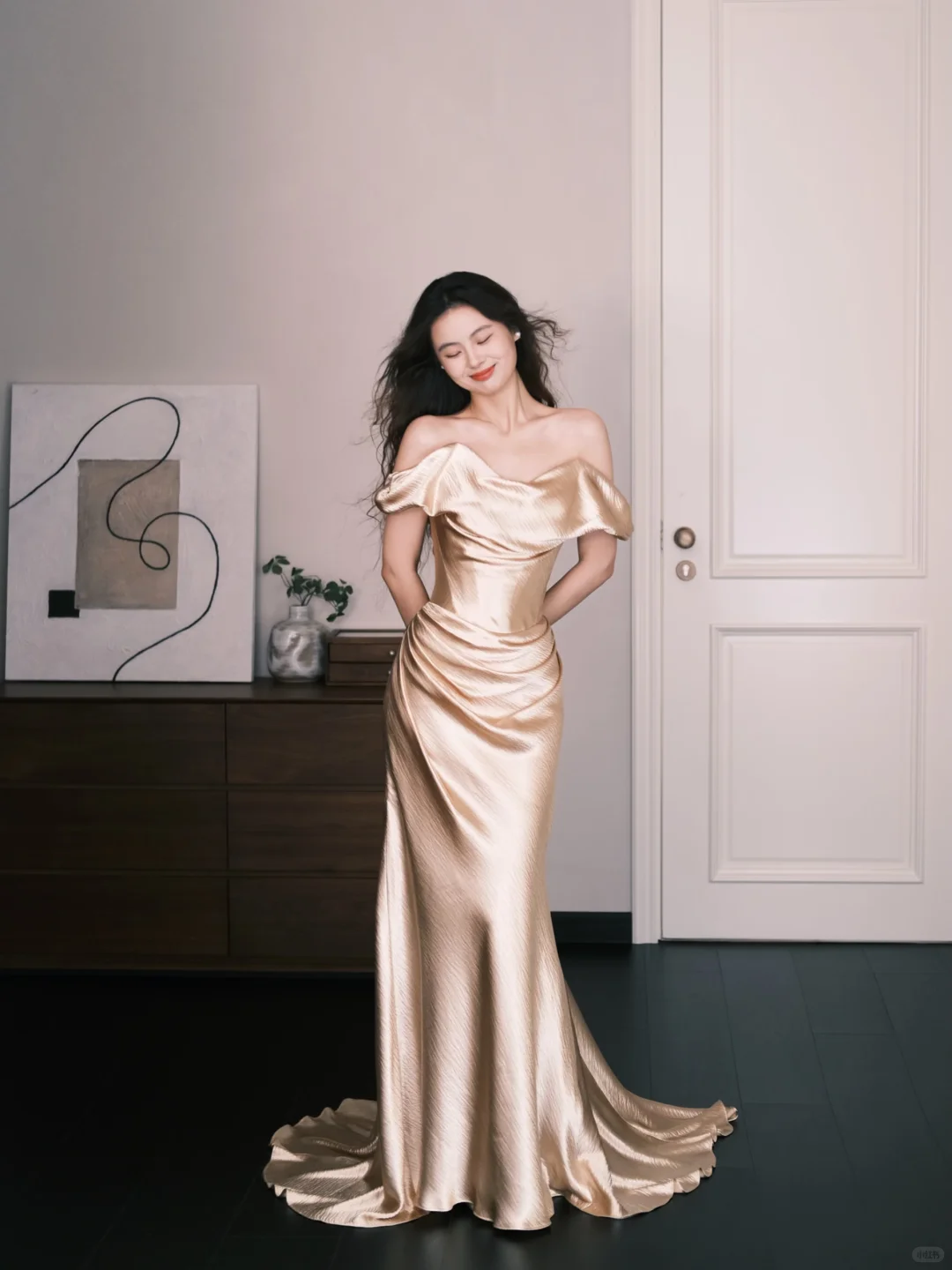 Off Shoulder Draped Satin Mermaid Evening Dress, Champagne Gold Formal Gown NV7357