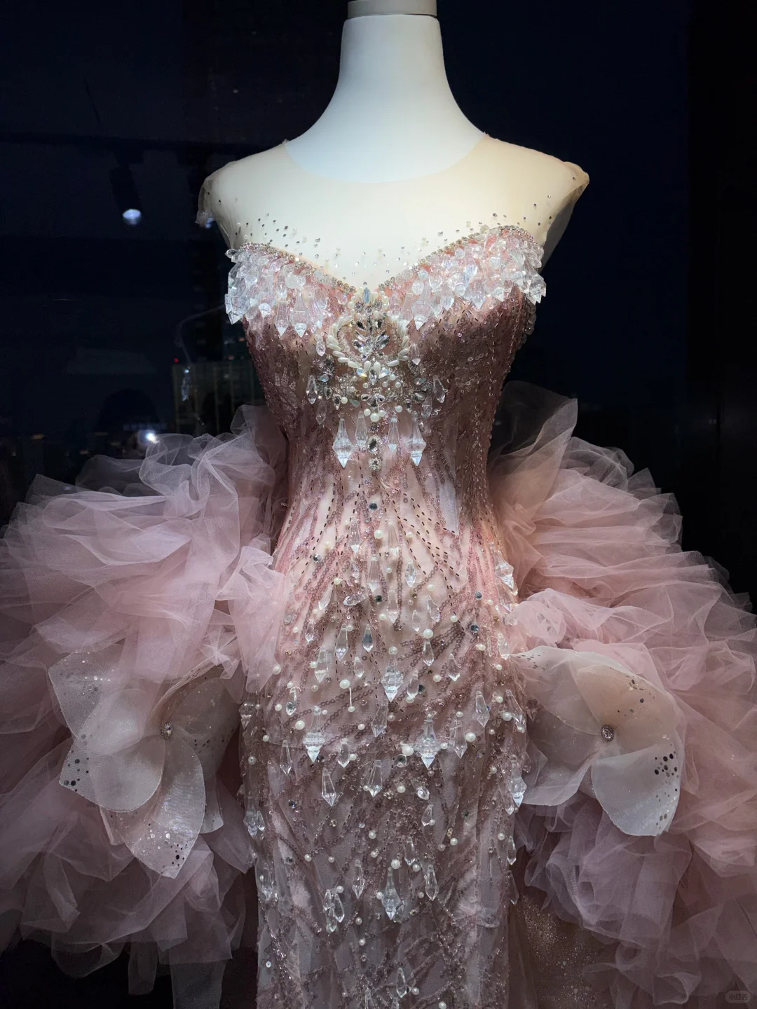 Blush Pink Strapless Mermaid Evening Gown Hand Beaded Rhinestone Sequin 3D Floral Ruffle Tulle Long Prom Dress NV7013