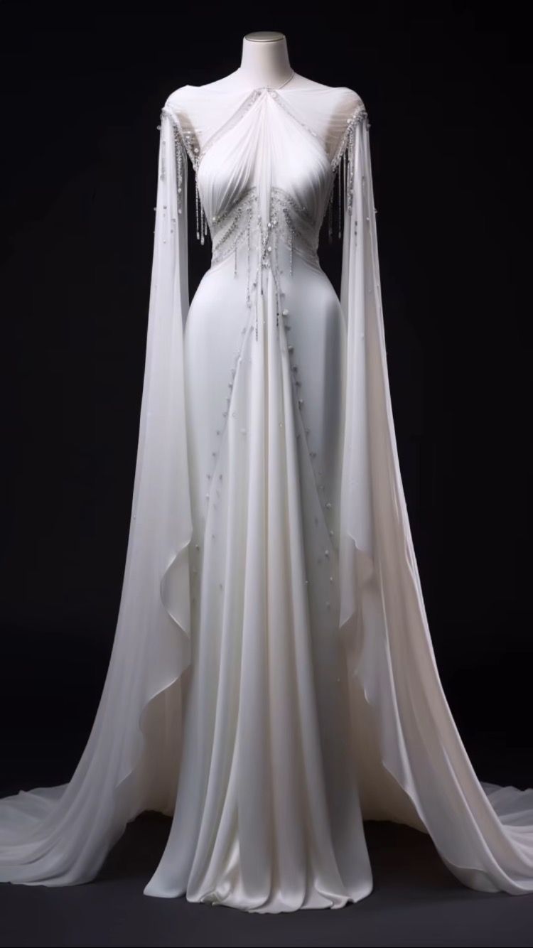 White Satin Halter-Neck Fringed Beaded Train Shawl Wedding Dress NV6233