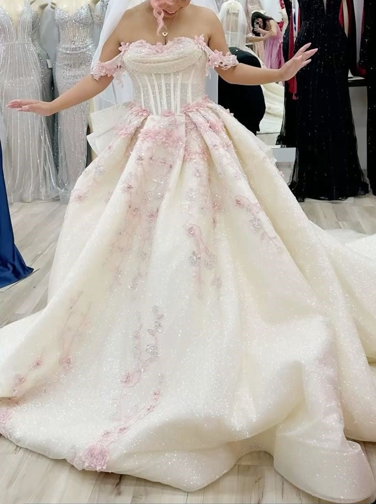 NiceVestidos--White Pink Floral Shiny Elegant Long Tulle Ball Gown Wedding Dress NV5834