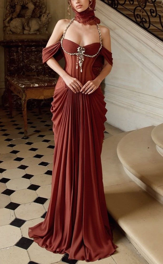 NiceVestidos-Burgundy Satin Halter-Neck Cold-Shoulder Beaded-Embellished Floor-Length Court-Style Gown NV6217