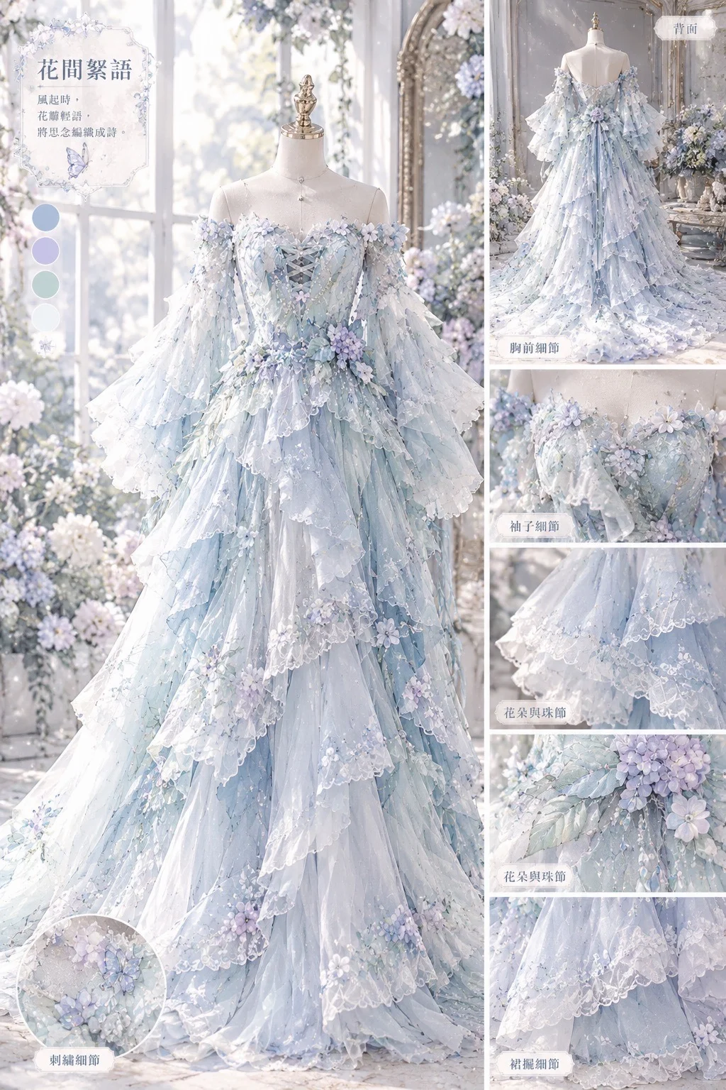 Pastel Blue Floral Butterfly Lolita Prom Dress, Sweetheart Neck Detachable Flare Sleeve Tiered Tulle Gown NV7453
