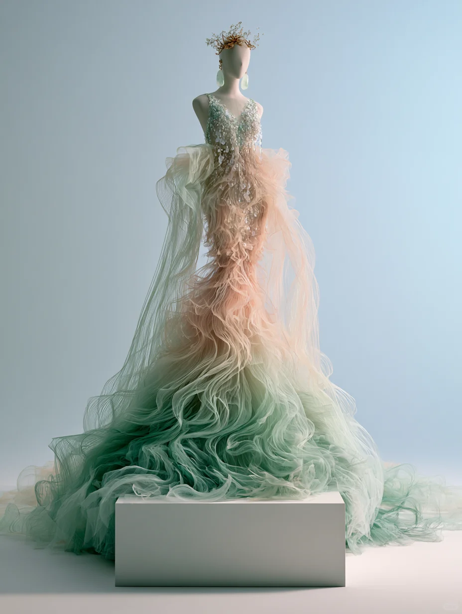 Pink Mint Green Gradient Spaghetti Strap Beaded Mermaid Gown NV7477