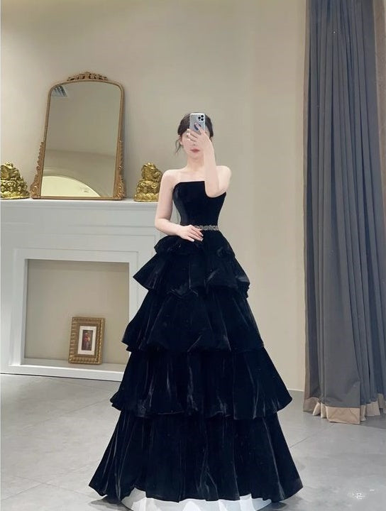 Robe de soirée longue en velours noir chic à volants et épaules dénudées, robe de bal, robe de soirée nv2589