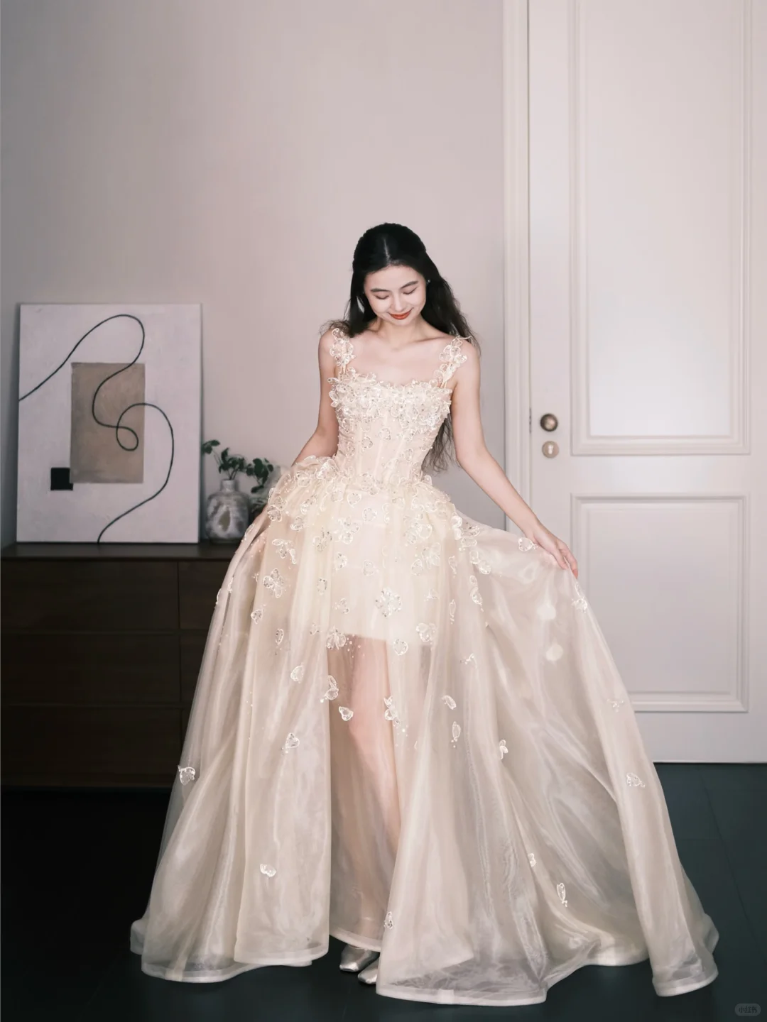 Spaghetti Strap 3D Flower Sheer Tulle Prom Dress, Square Neck Formal Gown NV7337