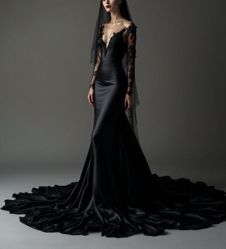 NiceVestidos-_Black Stylish Satin Long Train Ball Gown/Evening Dress NV6024