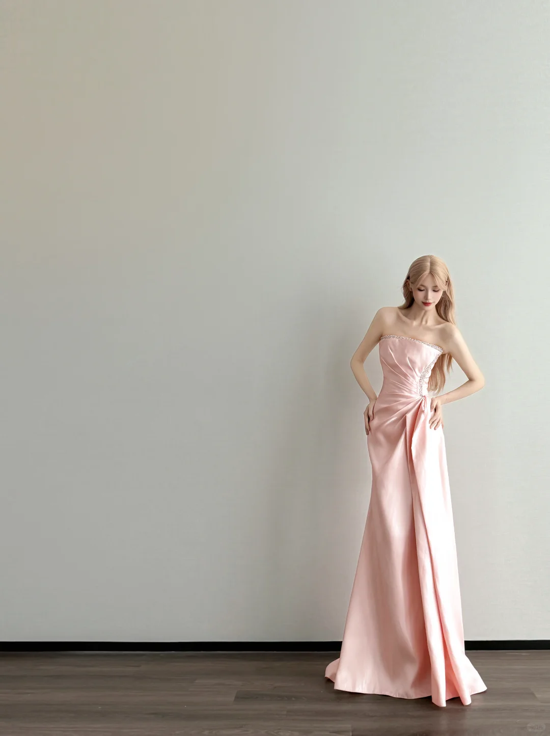 Blush Pink Strapless Prom Gown Satin Ruched Side Drape Mermaid Long Evening Dress NV7159