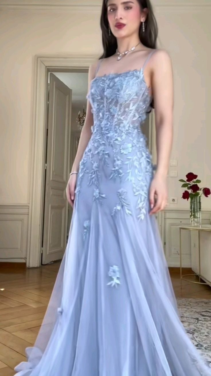 Blue stylish elegant exquisite embroidered spaghetti straps long tulle off-shoulder floor-length ball gown, evening dress, party dress nv3716