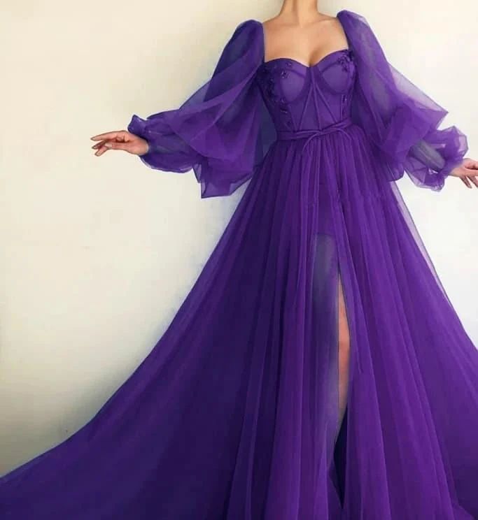 fitted lace wedding dress Tulle Formal Dresses Leg Slit Appliques Sleeves main image 0