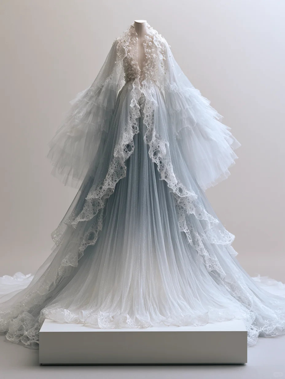 Light Blue White Gradient Wedding Ball Gown, Beaded Floral Detail, Long Ruffled Sleeves, Sparkle Tulle Train NV7481